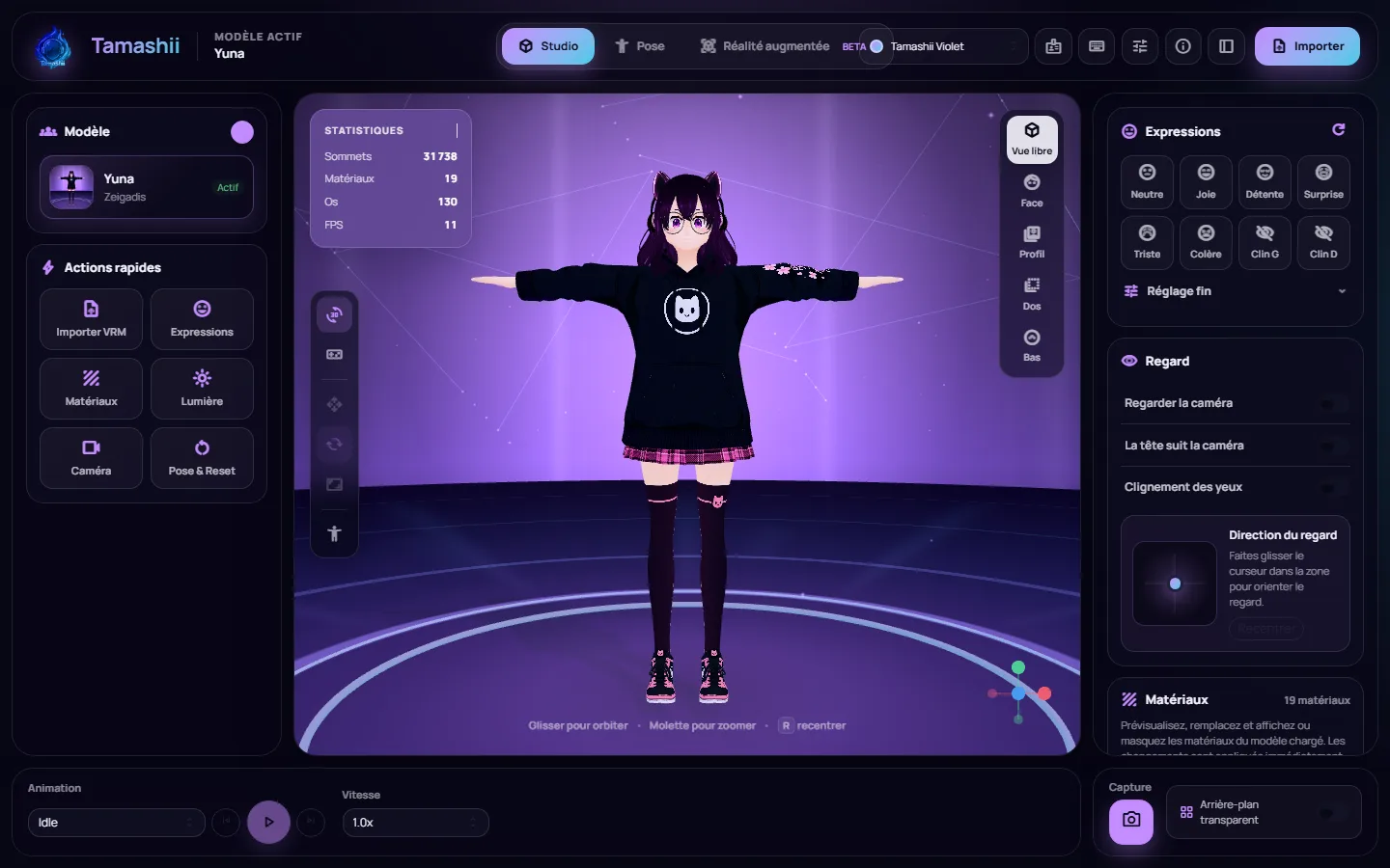 Tamashii : un avatar VRM en 3D avec les panneaux expressions, regard et matériaux