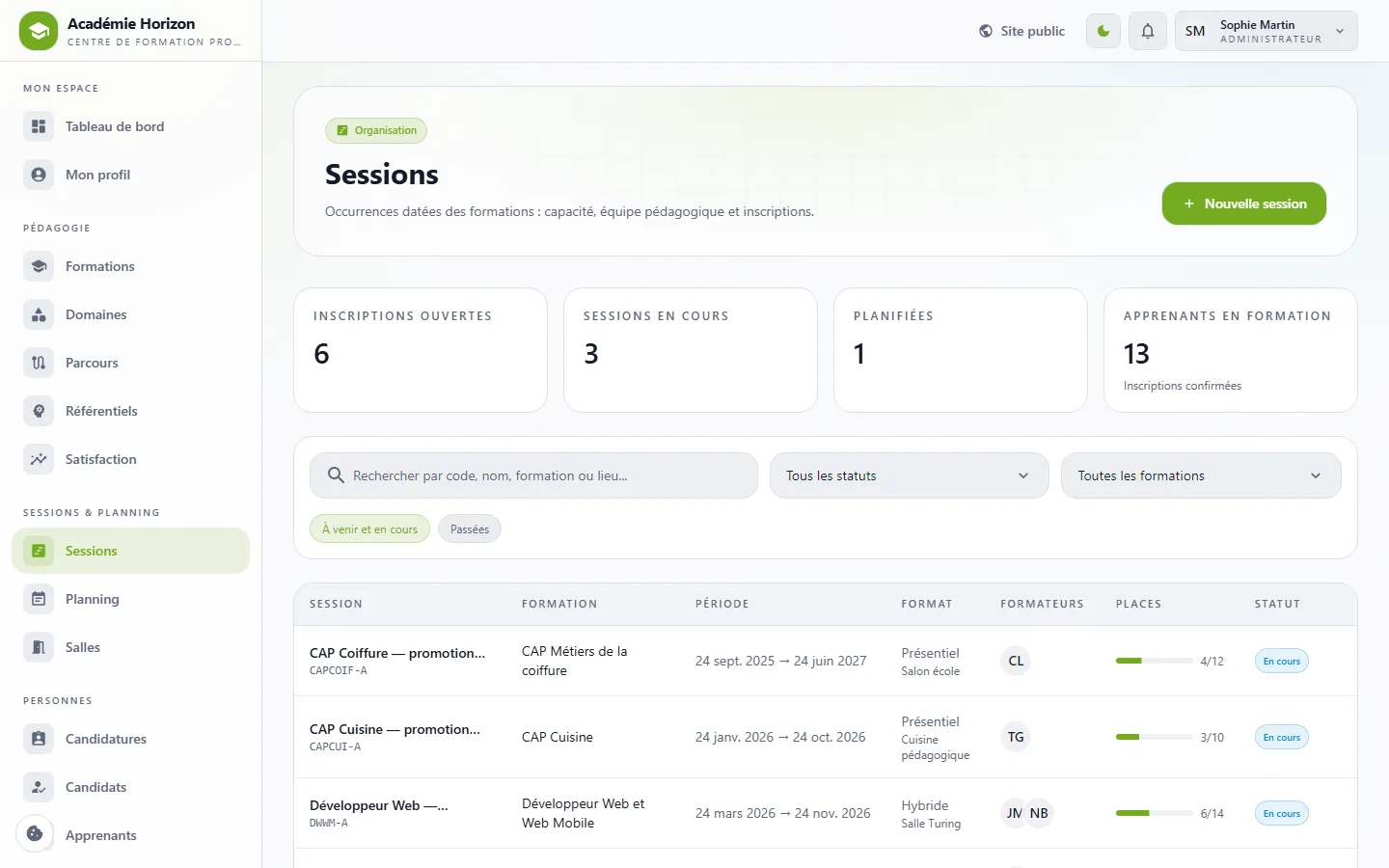 Liste des sessions d'IntraForm avec places occupées et statut
