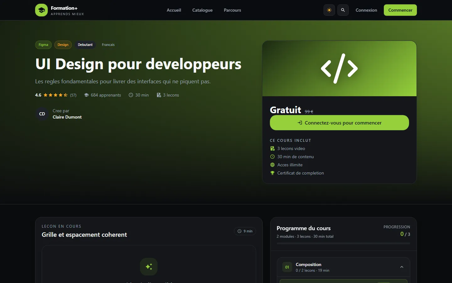 Page d'un cours sur Formation+ : programme, progression et leçon en cours