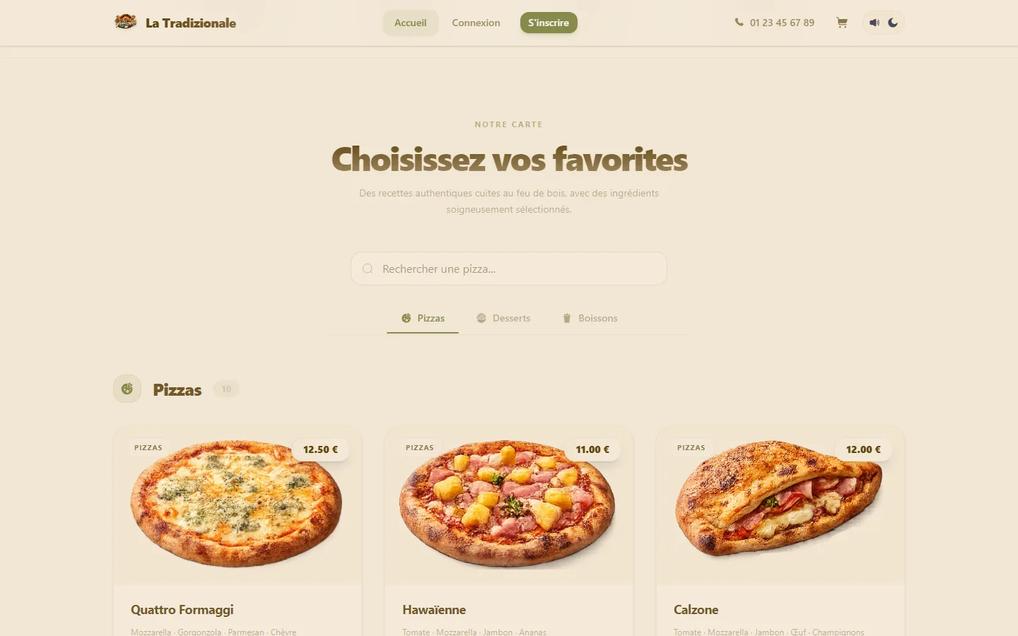 La carte de La Tradizionale : recherche et catégories pizzas, desserts, boissons