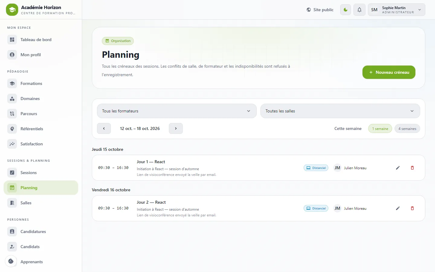 Planning d'IntraForm : créneaux par formateur et par salle, conflits refusés