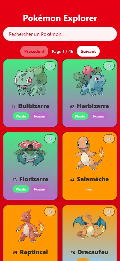 Liste des Pokémon en cartes colorées par type, avec recherche et pagination