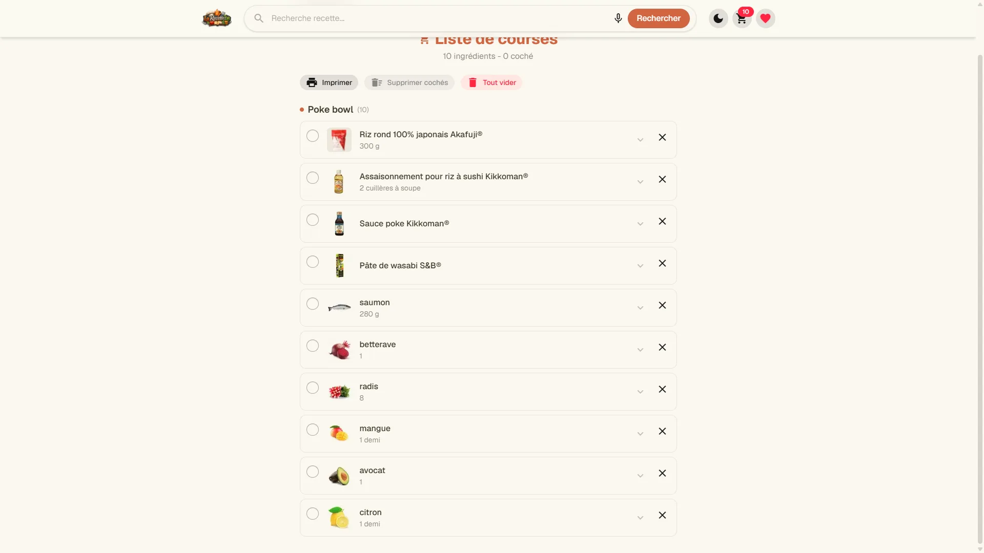 LaRecetteDB - Liste des courses de la recette