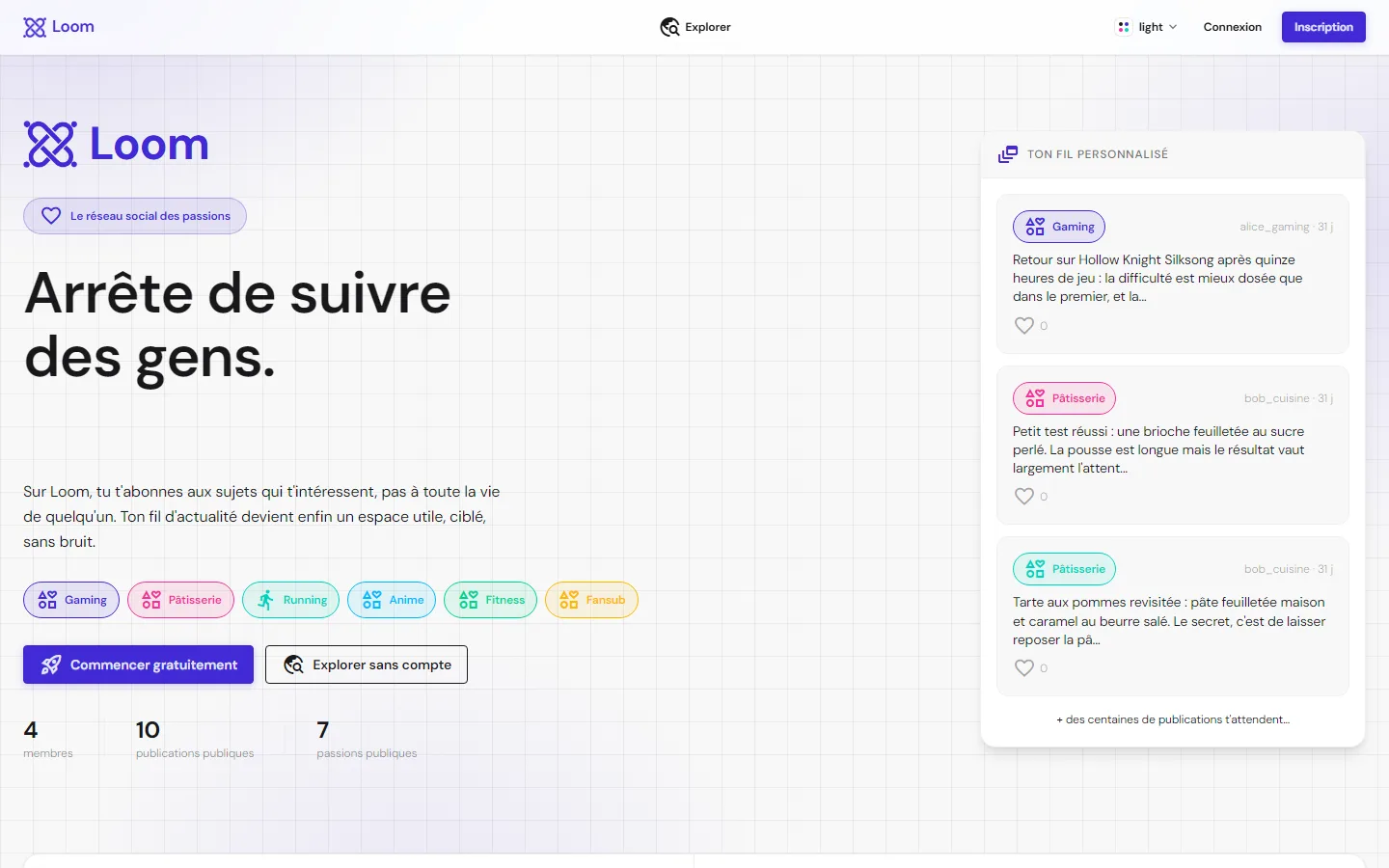 Page d'accueil de Loom, le réseau social où l'on suit des passions
